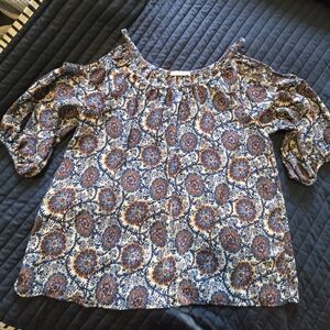 Women's Floral Cold Shoulder Top - Blue and Orange